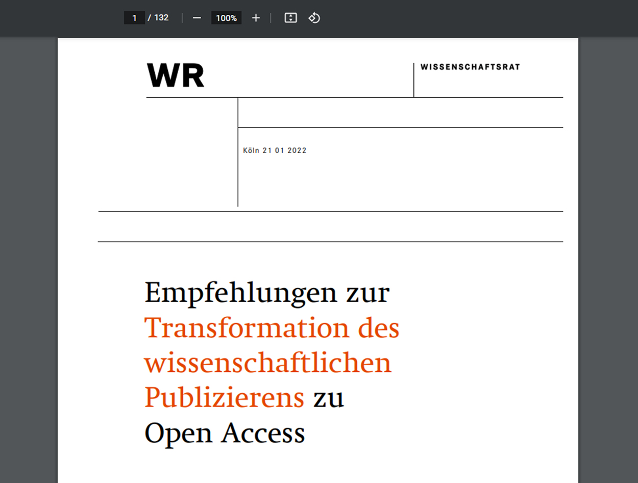 Screenshot PDF-Ansicht Titelblatt Open-Access-Empfehlungen des Wissenschaftsrats