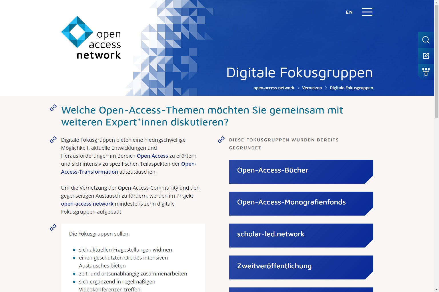 Screenshot Webseite Open-Access-Fokusgruppen bei open-access.network