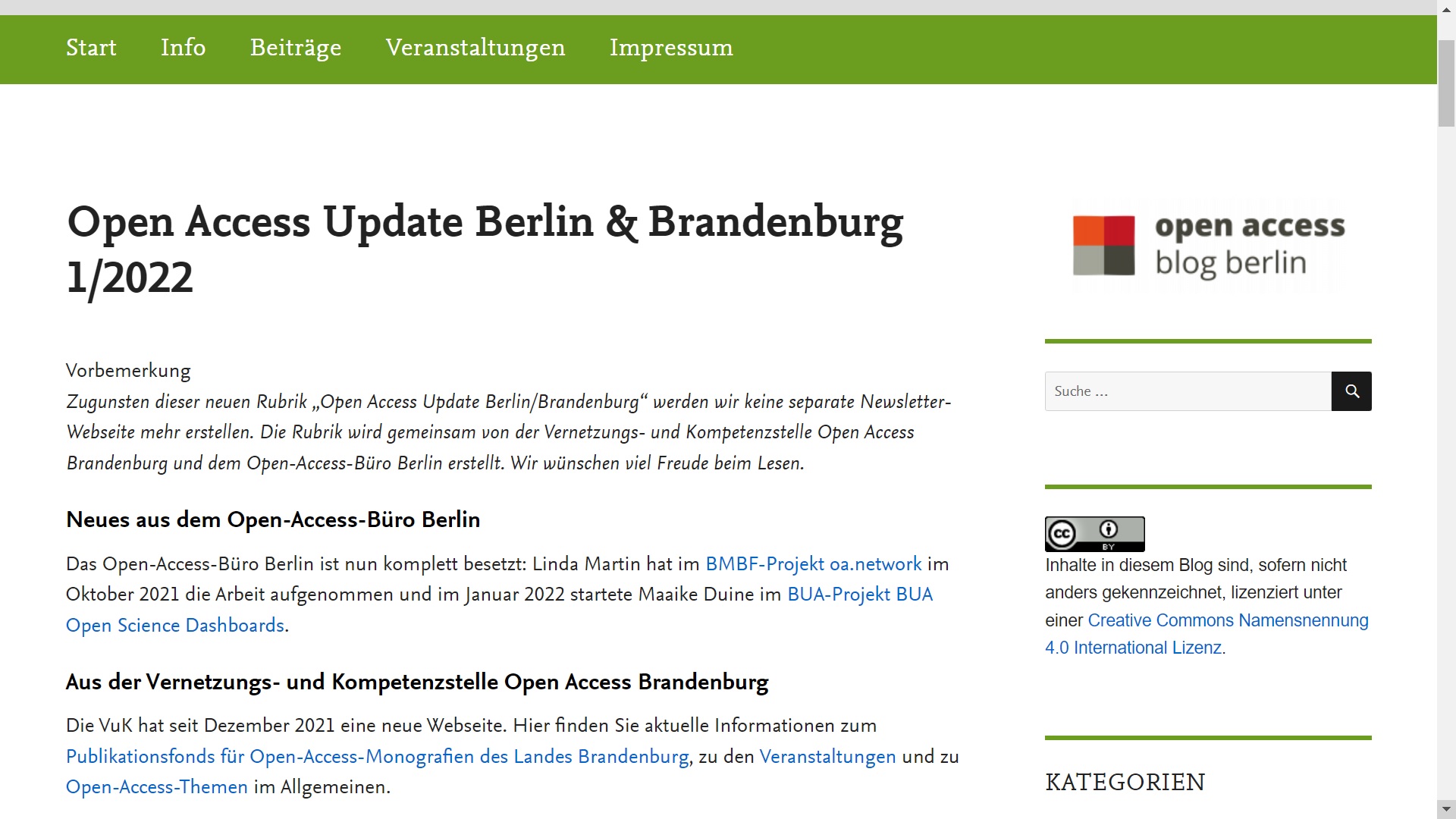 Screenshot Open Access Update Berlin & Brandenburg Nummer 1/2022