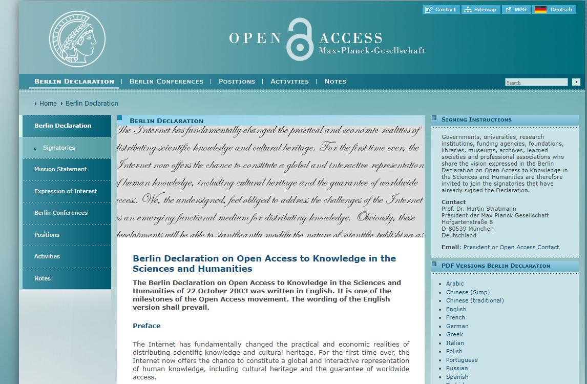 Screenshot Berlin Declaration on Open Access to Knowledge in the Sciences and Humanities