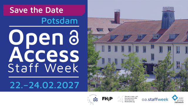 Symbolbild Open Access Staff Week 2027 mit Textteil und einem Bildmotiv vom Campus der Fachhochschule Potsdam